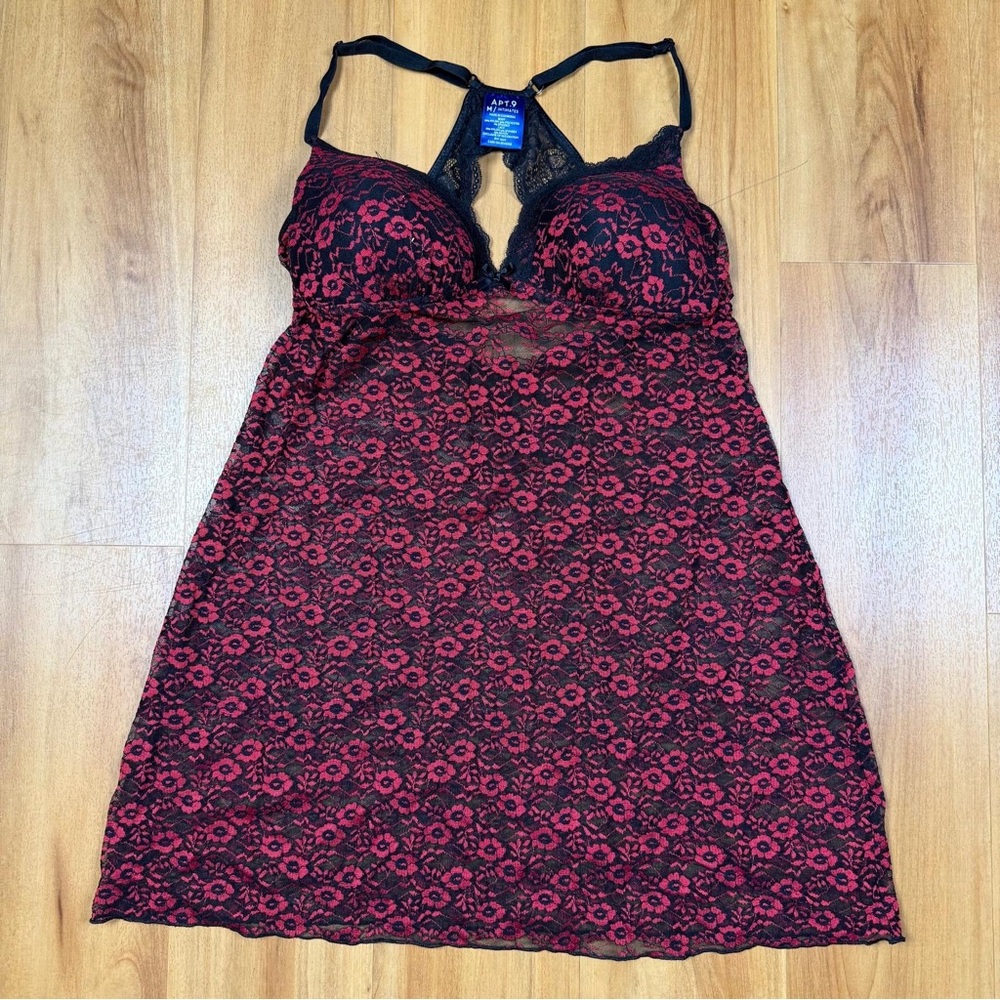 APT 9 Lace Babydoll Lingerie Black Red Floral Padded Sheer Size M‎ Sexy